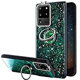 Uposao Kompatibel mit Samsung Galaxy S20 Ultra Hülle Silikon Ultra Dünn Handyhülle mit Ring Halter Ständer, Glänzend Kristall Glitzer Strass Diamant TPU Silikon Schutzhülle Handytasche,Grü