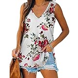 NAQUSHA Damen Blumen Weste Casual V-Ausschnitt Ärmellos Print Lose Sommer Tank Top Shirt(Red,Large)