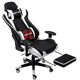 NOKAXUS Gaming-Stuhl Bürostuhl Größe hohe Rückenlehne ergonomischer Rennsitz mit Massage Lendenwirbelstütze und einziehbarer Fußstütze PU-Leder 90-180 Grad Anpassung der Rückenlehne （Yk-6008-w