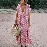 Damen Kleider,Frauen Kleid Boho Blumen Kurzarm Langes Kleid Tunika Loose Beach Holiday Sommerkleid Mädchen Urlaub Elegant Bohemian Beach Maxi Dame Midi Rock Für Alltagskleidung Travel Party, Pink,