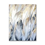 ZNYB Gemalte Bilder Auf Leinwand Abstrakte Graue Feder Malerei Leinwanddruck Wandkunst Poster Nordic Goldene Leinwand Kunst für Wohnzimmer Home Wanddek