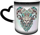 KEROTA Tasse mit Ziegen-Farbwechsel, im Himmel, auf dem Wasserfarben-Hintergrund, Schaf-Tattoo-Design, Azteken-Stil, bunt, hitzeempfindliche Tasse, Keramik