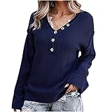 yiouyisheng Strickpullover Damen lockerer Stil einfarbig V-Ausschnitt Knopf Pullover Damen Junge Mädchen Herbst Winter Warmer Pullover lässiges Loses Oberteil Jumper Sweater Strickp