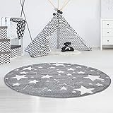 carpet city Kinderteppiche Sterne Motiv Grau 120x120 cm Rund Glanzgarn Spieltepp