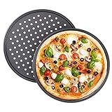 Tiamu Pizzablech Rund 28cm Knusperblech Pizzaform Antihaftbacken aus Kohlenstoffstahl, 2er Set Pizzapfanne für den Backofen knusprige Kruste mit Lö