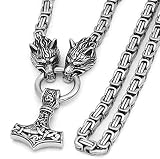 Prettyrosary Antike Viking Wolf Kopf Halskette königskette Männer | Norse Thor’s Hammer Mjolnir Anhänger | Viking Schmuck für Männer | Edelstahl Platin Biker Schmuck | Steampunk Rockabilly (70)