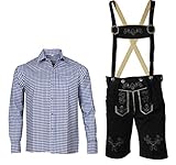 Herren Trachten Set Lederhose mit Trägern + Trachten Hemd Bayerische Oktoberfest (Hose + Hemd) SKB02 (Lederhose 50 + Hemd M)