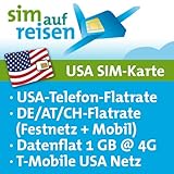 USA Prepaid SIM-Karte T-Mobile Netz – Daten-Flat (1 GB @ 4G), USA-Flat, DE/AT/CH-Flat (Festnetz+Mobil)