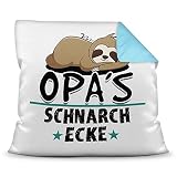 Kuschel-Kissen inkl. Füllung mit Spruch für Opa - Opas Schnarch-Ecke - Geschenk-Idee Geburtstag Vatertag / Bestes Vatertagsgeschenk - Farbkissen Rückseite Hellb