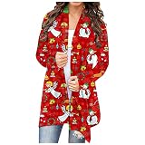 Women's Christmas Cardigan Outwear Long Sleeve New Christmas Cartoon Printing Jacket Fashion Loose Casual Top (Red, L)