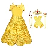 Viclcoon Prinzessin Kostüm Mädchen, Belle Kostüm Kinderkleider Mädchen Tutu Kleid mit Zubehör, Handschuhe, Diadem, Zauberstab und Halskette Ringe, 9 Pcs Set,6-7 Jahre, Gelb, Größe 130cm……