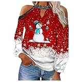 OverDose Damen Weihnachten Xmas Sweatshirts Mode Casual Tops Schulterfrei Merry Christmas Loose Bluse Langarmshirt Lange Ärmel T Shirts Weihnachtsdruck Ob