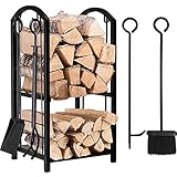 Amagabeli Kaminbesteck Kaminholzständer mit 4 Werkzeugen für Innen Außen 74 x 40 x 30cm Kaminholzhalter Holzregal für Kamin Kaminofen Besteck Schmiedeeisen Protokolle Holzhalter Bürste Schaufel Zang