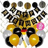 LEVANDI® Premium Geburtstagsdeko Set in Gold - Schwarz [24 Teile] I Wiederverwendbar mit Luftpumpe & Zubehör I Wunderschöne Party Deko mit Luftballons, Happy Birthday Girlande & Wabenb