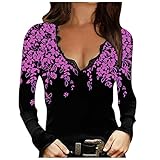 GOKOMO Damen Sexy V-Ausschnitt Bedrucktes Shirt Langarm Schmales Elegant Oberteil Langarm Blumenoberteil Neues Bottoming-Shirt Lässige Tops für Frühling und Herbst(XL,Lila)