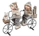 dekojohnson Winterkinder Dekofigur Junge und Mädchen auf Tandem-Fahrrad Winterdeko Weihnachtsdeko Winterkinderfiguren stehend Silber golden 30x10x26