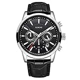 LIGE Herren Uhr Chronograph Sport Wasserdichter Analoger Quarz Edelstahl Lederuhr Klassische Business Casual Schwarzem Zifferblatt Armb