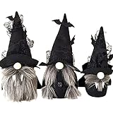 Marooma Halloween-Zwerg Plüschpuppe, 3 Stück, gesichtslose Halloween-Zwerge, handgefertigte Elfen-Figuren, Ornamente mit schwarzer Spitze Fledermaushut für Halloween-Tag, Party, Tischdek