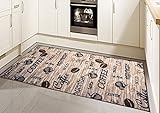 Teppich Modern Flachgewebe Gel Läufer Küchenteppich Küchenläufer Braun Beige Schwarz mit Schriftzug Coffee Cappuccino Espresso Latte Größe 80 x 250