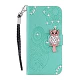 Karomenic PU Leder Hülle kompatibel mit Samsung Galaxy A5 2017 Eule Glänzend Glitzer Handyhülle Brieftasche Bling Diamant Silikon Schutzhülle Klapphülle Magnet Ledertasche Flip Case Etui,Grü