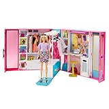 Barbie GBK10 - Traum Kleiderschrank mit blonder Puppe, +25 Zubehörteilen, 60 cm, +10 Aufbewahrungsbereiche, Ganzkörperspiegel, Tisch, Kleiderstange, 4 Outfits, Geschenk für Kinder von 3 bis 7 J