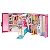 Barbie GBK10 - Traum Kleiderschrank mit blonder Puppe, +25 Zubehörteilen, 60 cm, +10 Aufbewahrungsbereiche, Ganzkörperspiegel, Tisch, Kleiderstange, 4 Outfits, Geschenk für Kinder von 3 bis 7 J