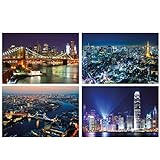 GREAT ART® 4er Set XXL Poster Motive – Weltstädte bei Nacht – New York London bei Sonnenuntergang Hongkong Tokyo City Bild Dekor Inneneinrichtung Wandbild Plakat je 140 x 100