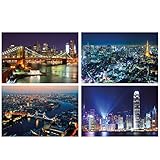 GREAT ART® 4er Set XXL Poster Motive – Weltstädte bei Nacht – New York London bei Sonnenuntergang Hongkong Tokyo City Bild Dekor Inneneinrichtung Wandbild Plakat je 140 x 100