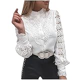 Masrin Damen Hemd Elegante, modische Patchwork-Tops mit ausgehöhlter Spitze Langärmlige Rollkragen Bluse mit Applikationen Weiße Partykleidung(2XL,Beige)