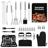 SKYSPER BBQ Grillbesteck Set 28pcs Grillset Grillzange Tragbares Grillzubehör für Männer Grillkoffer mit Grillmatte Hochwertiger Edelstahl Grillzubehör für Garten und Camping