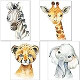 artpin® 4er Set Bilder Kinderzimmer Deko Junge Mädchen - DIN A4 Poster Tiere - Safari Afrika Wandbilder - Porträt Elefant Tiger Giraffe Zebra (P35)