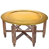 Marokkanischer Runder Tisch Couchtisch Halab ø 80cm rund | Orientalischer Wohnzimmertisch mit klappbaren Vintage Gestell aus Holz in Braun | Tablett Nizza Klapptisch ist aus Metall G