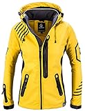 Rock Creek Damen Softshell Jacke Windbreaker Regenjacke Übergangsjacke Softshelljacke Damenjacke Regenmantel Outdoorjacke Kapuze D-402 Gelb-Grau 3XL