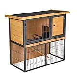 Pawhut Kaninchenstall erhöhtes Haustier Haus Kaninchenkäfig mit verschließbare Tür Holz-Metall Hellgelb 89,5 x 45 x 81