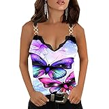 Sommer V-Ausschnitt Spitze Print Strap Weste Fashion Slim Sleeveless T-Shirt Vintage Sexy Tank Top Frauen Schmetterling Print T-S