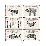 Mora color Blechschilder mit Lamm, Rindfleisch, Huhn, Fisch, Schwein, Fleisch, Messer, Retro, 20 x 30 cm, 6 Stück