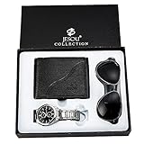 KLFJFD 3pcs Herren Business Sport Und Freizeit Wasserdichtes Quarzuhren-Set, Modische Geldbörse, Sonnenbrille, Modisches Kreatives Uhrenkombinations-Geschenk