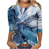 Komiseup Damen Bluse 3/4 arm Sommer Elegant T-Shirt Frauen 3D Drucken Kurzarmoberteil mit Rundhalsausschnitt Mode Teenager Mädchen Tunika Grafik Tee Top