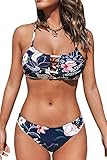 CUPSHE Damen Bikini Set mit Zierband Tropicalmuster Bandeau Bikini Bademode Cut-Out Zweiteiliger Badeanzug Marineblau L