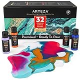 Arteza Pouring Acrylfarbe, 32 Stück-Set, 60 ml Flaschen mit vielen Farbtönen, flüssige Gießfarbe, kein Mischen erforderlich, Farbe zum Gießen auf Leinwand, Glas, Papier, Holz, Fliesen und S