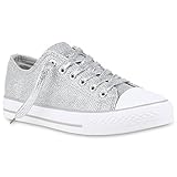 stiefelparadies Glänzende Damen Sneakers Glitzer Metallic Sneaker Low Pailletten Flats Turn Leder-Optik Schuhe 121821 Silber Glitzer 36 F