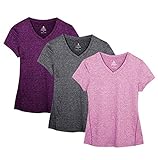 icyzone Damen Sport Fitness T-Shirt Kurzarm V-Ausschnitt Laufshirt Shortsleeve Yoga Top 3er Pack (S, Charcoal/Red Bud/Pink)
