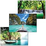 GREAT ART 3er Set XXL Poster – Thailand Bilder – Wasserfall Longtail Boat Tropen Bucht Urwald Dschungel Gestaltung Wand Dekor Inneneinrichtung Wandbild Plakat je 140 x 100