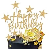 Happy Birthday Tortendeko Geburtstag, 2 Sätze Kuchendeko Girlande Cake Torten Kuchen Topper, Sterne Cupcake Tortenstecker für Mädchen Junge Mann Frau Kinder Geburtstag Taufe Party Glitzer Deko (Gold)