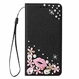 Nadoli Leder Handyhülle mit Diamant für Samsung Galaxy A21S,3D Handgearbeitet Rosa Blumen Lippe Seide Muster Glänzend Bling Lanyard Schutzhülle Brieftasche E