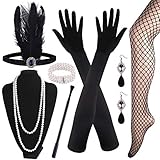 FEPITO 9 Stück 1920er Jahre Zubehör Set Flapper Stirnband Halskette Ohrringe Lange Schwarze Handschuhe Netzstrumpfhose Great Gatsby Zubehör für Frauen （Set C）