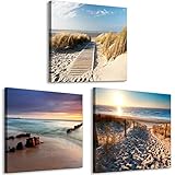 decomonkey Bilder Strand Meer 60x20 cm 3 Teilig Leinwandbilder Bild auf Leinwand Vlies Wandbild Kunstdruck Wanddeko Wand Wohnzimmer Wanddekoration Deko Natur L