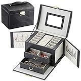 LATIT Schmuckkästchen, PU Leder Schmuckkasten Schmuckkoffer mit 2 Schubladen, abschließbarer Schmuck-Organizer mit Spiegel, für Ringe, Ohrringe, Halsketten, Armbänder, Schw