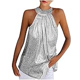 Top Damen Elegant Neckholder Bluse Sexy Ärmellos T Shirt Tank Tops Cami Swing Weste Crop Tops Trägershirt Casual Pailletten Silber Golden Oberteile Mode Damen Rundhals Reißverschluss Vest Top