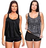 Octopus 3tlg. Damen Oversize Tankini Set zum Kombinieren! 2 Oberteile und 1 Hotpants (sw) f5495 Farbe: G(sw+1382)-HP1(sw) Tankini Oberteil Schwarz + Grau meliert, Hotpants (sw), Gr. 46